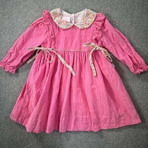 Petit Bebe Pink Corduroy Dress Girls 4T Floral Peter Pan Collar Bows Ruffle